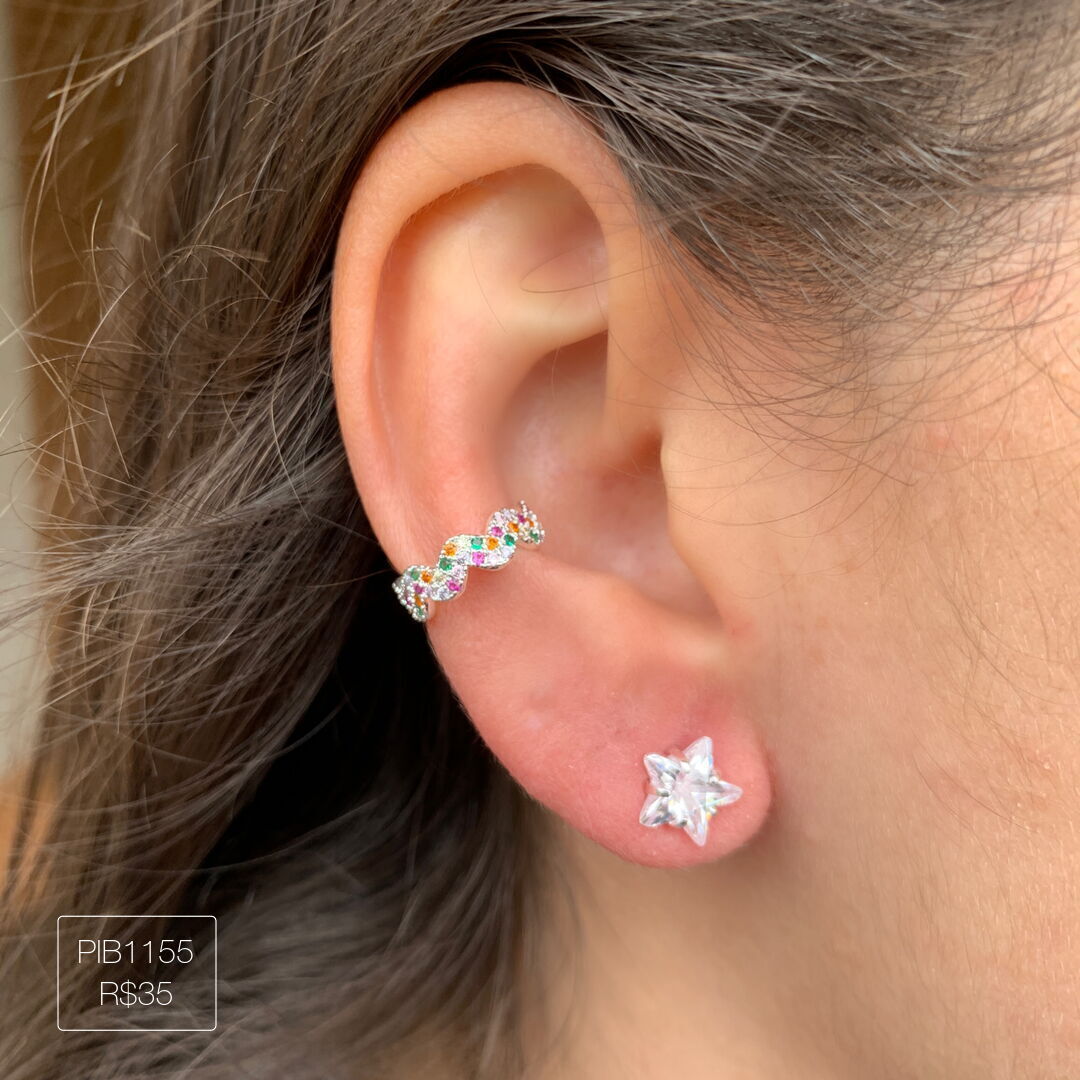 Piercing Fake ZigZag Cravejado Rainbow Prateado